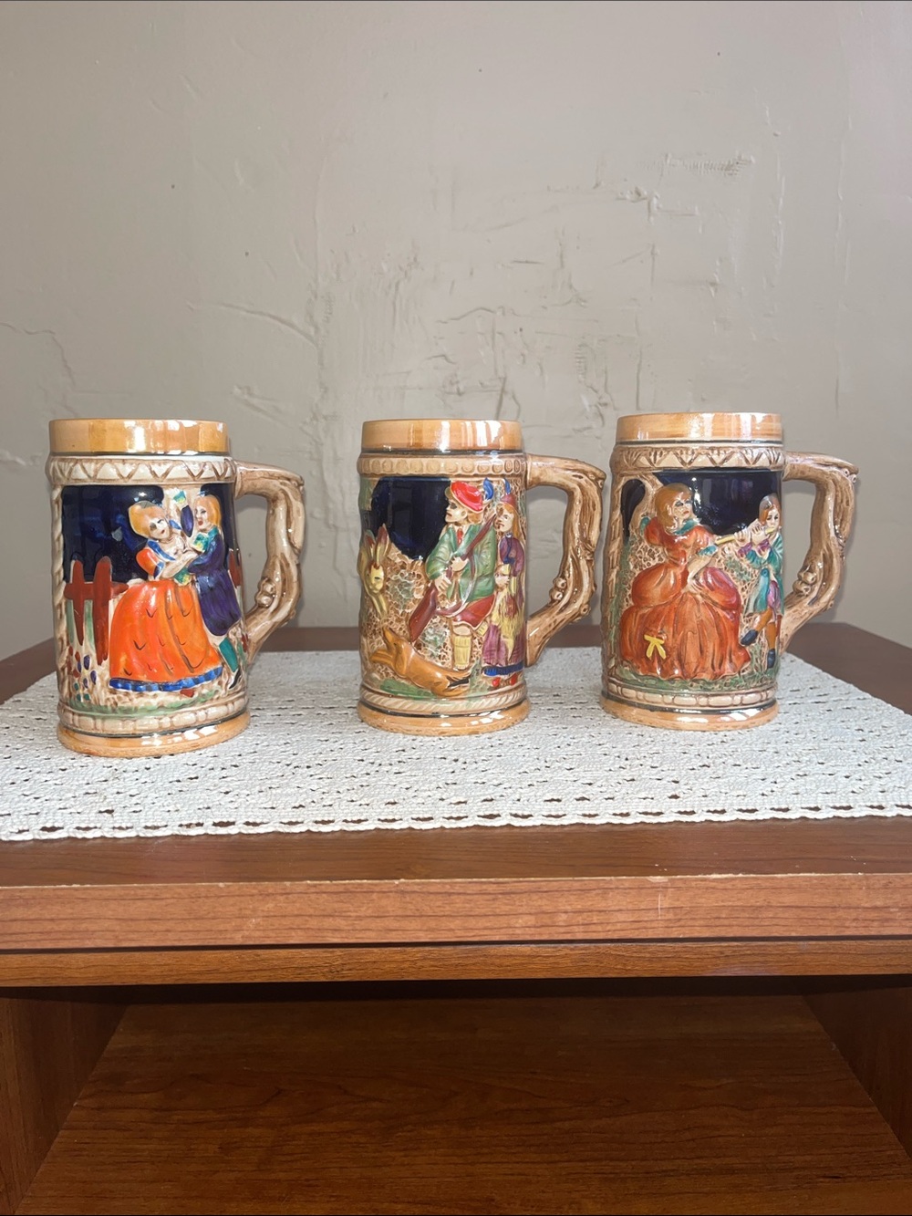German Style Ceramic Beer Steins Set - Blue and Tan